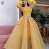 O Neck Feather A Line Yellow Evening Dresses