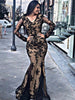 Sexy Vestidos De Fiesta V Neck Long Sleeve Lace Floor Length Black Mermaid Evening Dresses