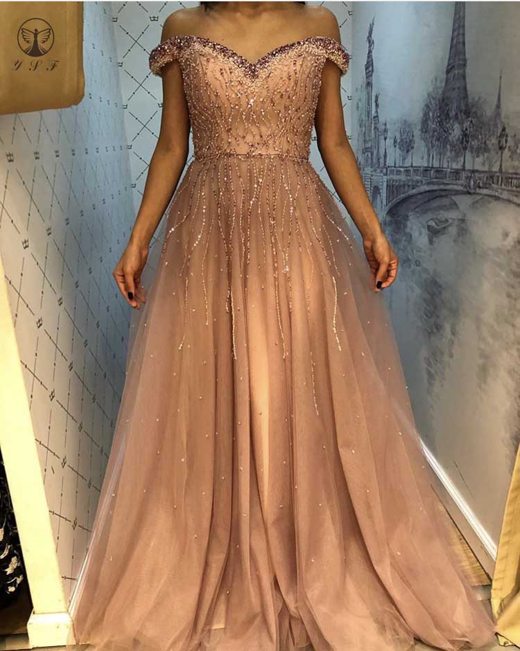 Fashion Off the Shoulder Sweetheart Beaded Heavily Short Sleeve Floor Length A Line Evening Dresses