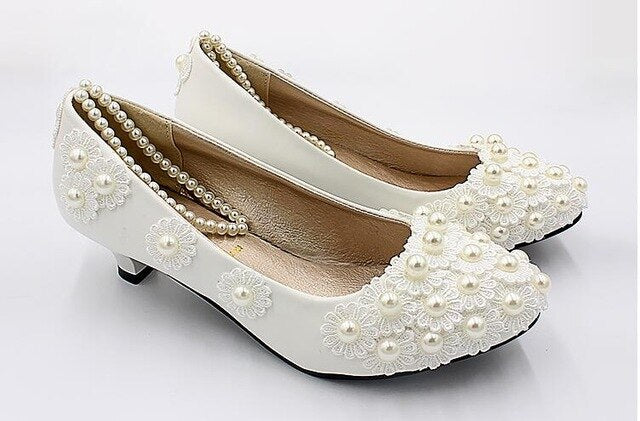 White lace Princess Pearls Floral Lady Wedding shoes