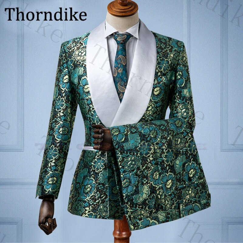 Thorndike Casual Suits Groom Wedding Suits Mariage White Shawl Lapel Groom Tuxedos Print Slim Fit Wedding Suit Men Custom Made