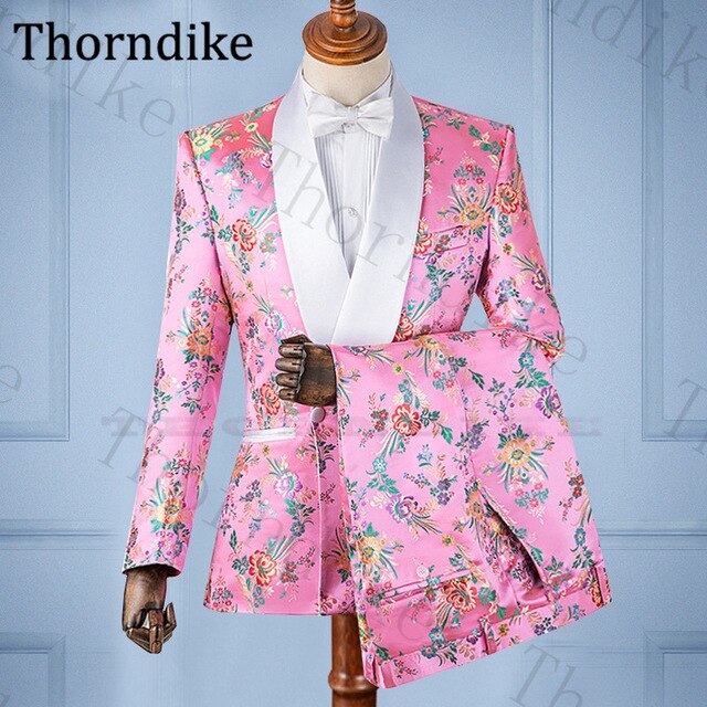 Thorndike Casual Suits Groom Wedding Suits Mariage White Shawl Lapel Groom Tuxedos Print Slim Fit Wedding Suit Men Custom Made