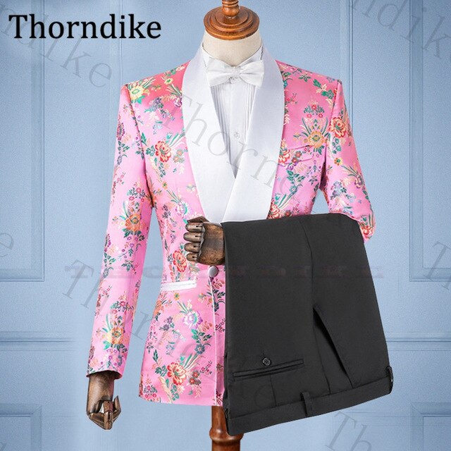 Thorndike Casual Suits Groom Wedding Suits Mariage White Shawl Lapel Groom Tuxedos Print Slim Fit Wedding Suit Men Custom Made