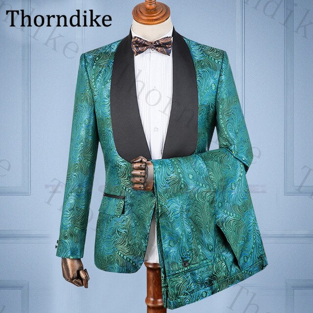 Thorndike Casual Suits Groom Wedding Suits Mariage White Shawl Lapel Groom Tuxedos Print Slim Fit Wedding Suit Men Custom Made