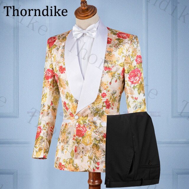 Thorndike Casual Suits Groom Wedding Suits Mariage White Shawl Lapel Groom Tuxedos Print Slim Fit Wedding Suit Men Custom Made