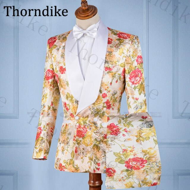 Thorndike Casual Suits Groom Wedding Suits Mariage White Shawl Lapel Groom Tuxedos Print Slim Fit Wedding Suit Men Custom Made