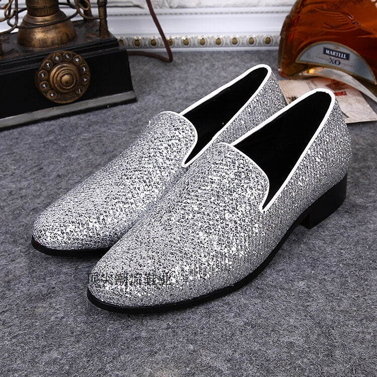 British Fashion Style Sliver Glitter Leisure Party Shoes Male Slip