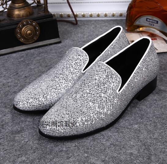 British Fashion Style Sliver Glitter Leisure Party Shoes Male Slip