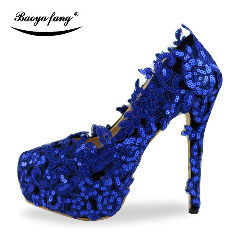 Blue Lace flower wedding shoes women Bridal High heels