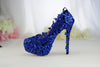 Blue Lace flower wedding shoes women Bridal High heels