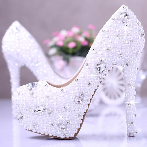White pearl wedding shoes crystal diamond bridal shoes with high waterproof platform shoes wedding