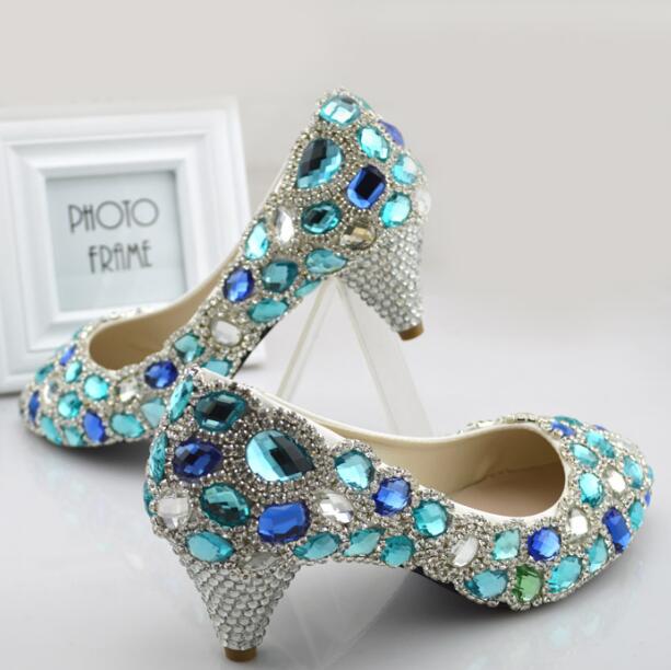 Womens wedding shoes Bride High shoes Blue crystal Handmade Party dress