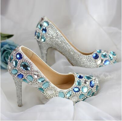 Womens wedding shoes Bride High shoes Blue crystal Handmade Party dress