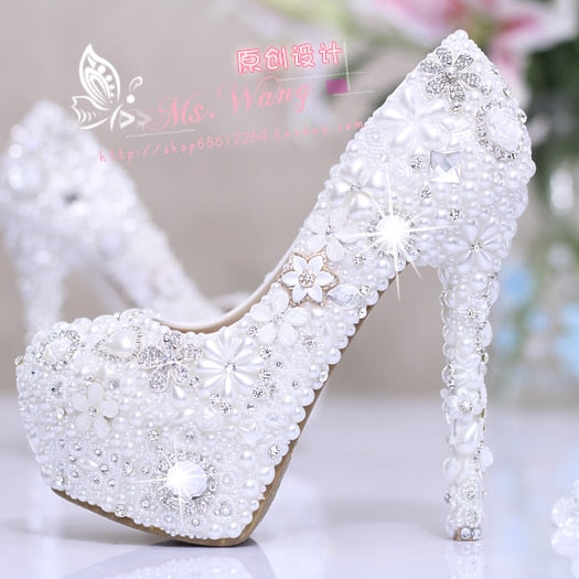 Bride pearl water drill flower white wedding shoes super heel waterproof platform wedding dress