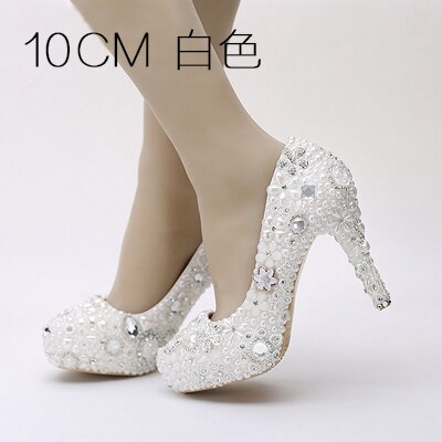 Bride pearl water drill flower white wedding shoes super heel waterproof platform wedding dress