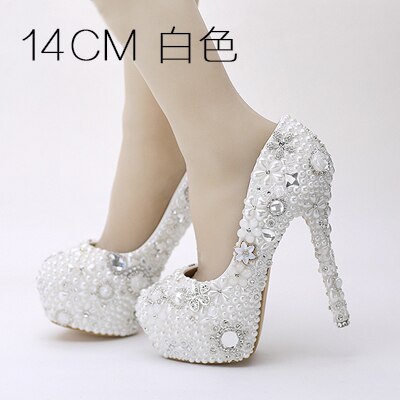 Bride pearl water drill flower white wedding shoes super heel waterproof platform wedding dress