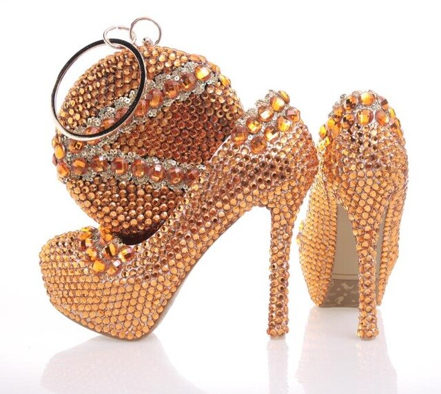 Orange Crystal Womens wedding shoes with matching bags round  ball High heels